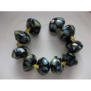   Glass Beads Black Blue & Yellow Mix Color x 10pc 