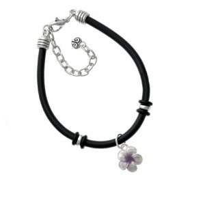  Purple Flower Silver Plated Black Rubber Charm Bracelet 
