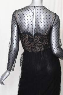 BILL BLASS *VINTAGE* Black SILK+Floral & Dotted LACE Cocktail Ruffle 