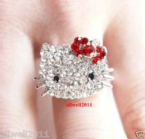   Kitty Crystal Bling Ring Adjustable In Gift Ring Box Red BOW  