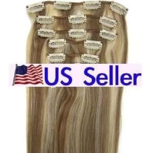   16 100% REMY Human Hair Extensions 7Pcs Clip in #12/613 BROWN BLONDE