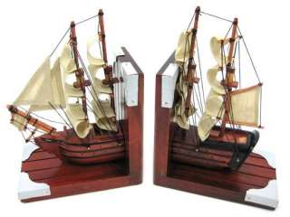 Pair Of Wooden Nautical Tall Ship Bookends Book Ends  