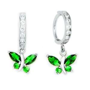    14K White Gold Emerald CZ Butterfly Huggy Earrings Jewelry