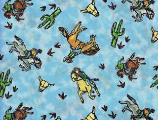 Quilt Quilting Fabric Cowboy Horse Cactus Toss Blue Cotton BTY  