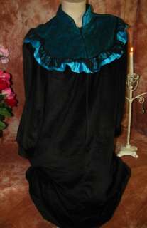 Vtg~Black & Turquoise~Long Lacy Velvet Dressing Gown Robe M L XL 