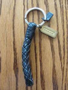 Vintage HTF COACH Black Braided Leather Brass Tag Key Chain, 6.5 GUC 