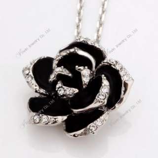 18K Gold Swarovski Crystal GP Black Rose Flower Necklace Set N004 