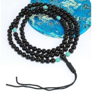  Black Onyx with Turquoise Mala Buddhist Prayer Beads (Made 