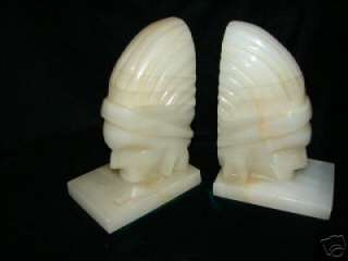   PAIR OF VINTAGE HAND CARVED SCULPTURE MARBLE AZTEC BOOK ENDS ~ NICE