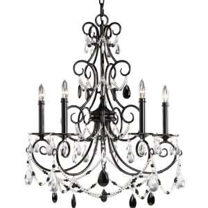    Light Chandelier with Clear and Onyx Drops and Beads, Black Lacquer
