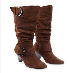   , brown, red faux suede slouch high heel round toe boots w/ buckles