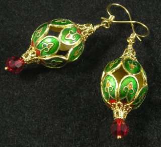 Cloisonne Openwork Swarovski Crystal Christmas Ornament Earrings Red 