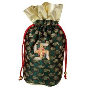    Exclusive green colored potli bag with swastik 