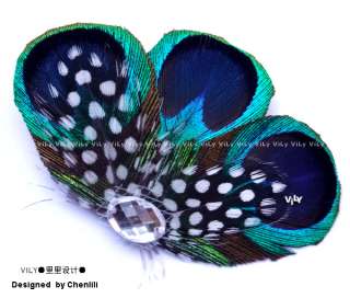   Peacock & Polka Dots Feather Wedding Fascinator Hair Clip Barrette