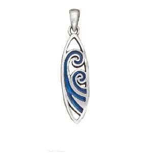   Silver Surfboard With Inlaid Paua Shell Wave Design Pendant Jewelry