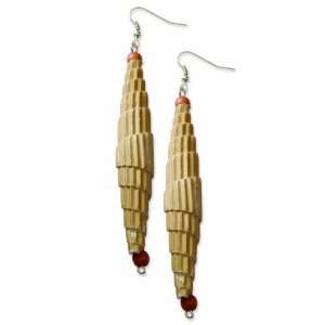  Silver Tone Bamboo & Paper Corrugated Dangle Earrings 