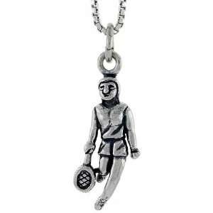 925 Sterling Silver Tennis Player Pendant (w/ 18 Silver Chain), 13/16 