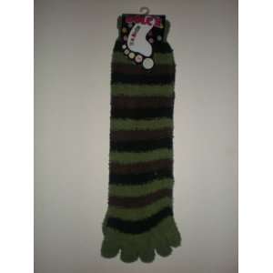  Fuzzy striped long toe socks (Green, black, brown 
