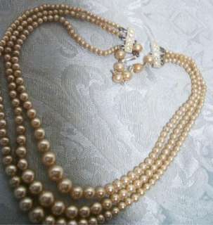 Vintage Faux Pearl Triple Strand s/ Rhinestone Necklace  