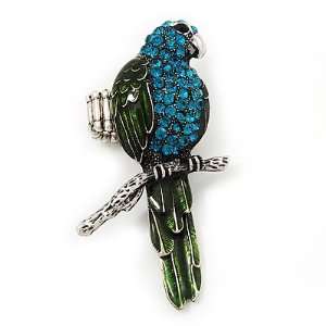 Exotic Turquoise/Green Crystal Parrot Flex Ring In Burn Silver Metal 