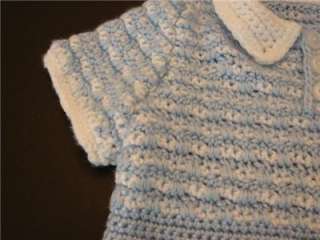  CROCHETED BLUE BABY BOY DOLL ONESIE ONE PIECE OUTFIT BOOTIES 6 MOS
