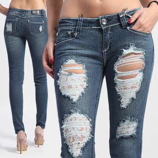   DESTROYED Ladies Lace Inset Skinny Jeans LowRise RIPPED Washed Denim
