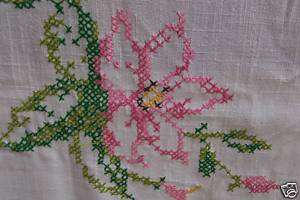 Antique Tablecloth Cross Stitch Pink Flowers  