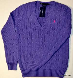 Ralph Lauren Sport Purple Sweater Cabled Cotton V Neck Женский 
