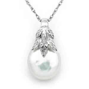   Freshwater Coin Pearl Pendant with Sterling Silver Layered Leaf Bale