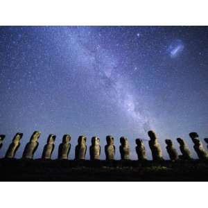  Infamous Moai Statues on Easter Island on a Starry Night 