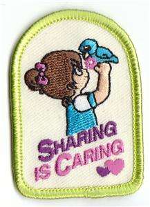 girl SHARING IS CARING Fun Patches Crests GUIDES/SCOUTS  
