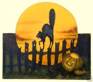 Spooked BLACK CAT on a CREAKY Vintage HALLOWEEN Fence  