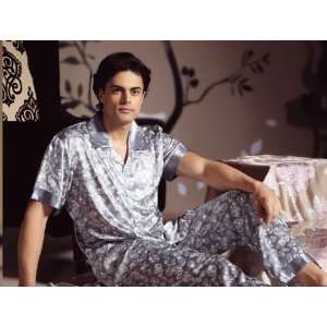  Silk Pajamas Mens Sleepwear Set, Short Sleeve Top & Long 
