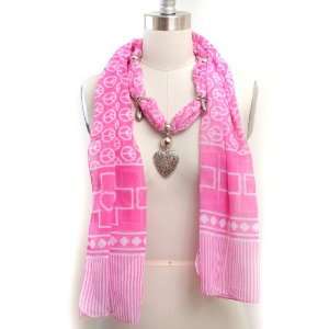   and Cross Pattern Heart Charm Decorated Cotton Scarf Fuschia Color