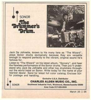 1976 Drummer Jack De Johnette Sonor Drums Print Ad  