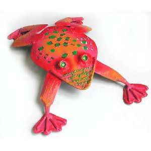 Bright Pink Frog Tropical Design   Haitian Hand Painted Metal Scupture 
