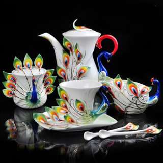 21PCS Ceramic Peacock Coffee Set Tea Set Pot/Cup/Creamer/Saucer/Spoon 
