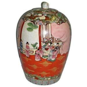  Rose Medallion melon jar   13H, porcelain hand painted 
