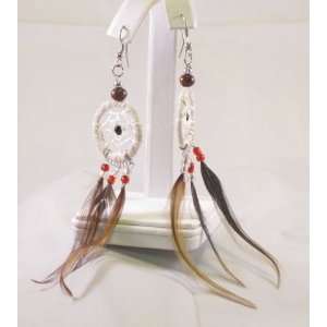 Off White Dream Catcher Dangle Earrings Threads, Beads, Feathers Large
