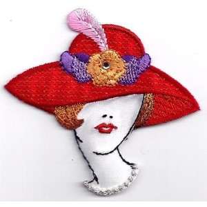 Red Hat Lady w/Rhinestone on Hat & Silver Necklace/Iron On Embroidered 