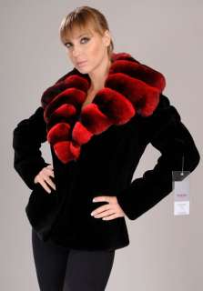   SAGA FURS Mink Fur jacket w dyed Red genuine Chinchilla collar  