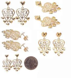 Stunning Solid 14K Gold Filigree Hearts Dangle Earrings  