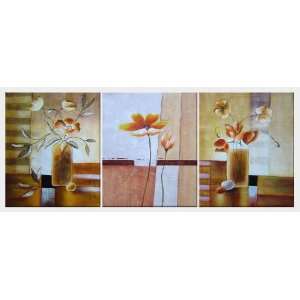  Vases of Flowers in Warm Setting   3 Canvas Set Oil 