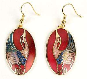 CLOISONNE EARRINGS CRANE BIRD RED Chinese Filigree Gift  