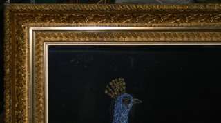 ANTIQUE 1880s PAINTING PEACOCK & FLOWERS W GILT FRAME  