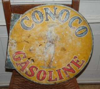 Old Conoco Gas Oil Tin Flange Sign w/ Minuteman ORIG  