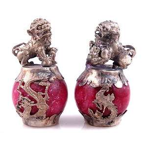   From U.S* Pair Tibetan Silver Dragon Phoenix Lion Foo Dogs Sculptures