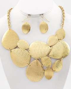 Scratched Gold Tone Necklace Earring Design Panel Bib Hip Trendy 