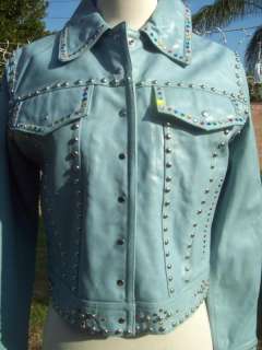 Baby Blue Maxima Studded Rhinestone Leather Jacket FUNKY Medium M Las 