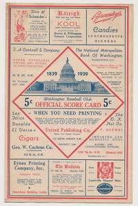 1939 Washington Senators Tigers Program/Scorecard Nice  